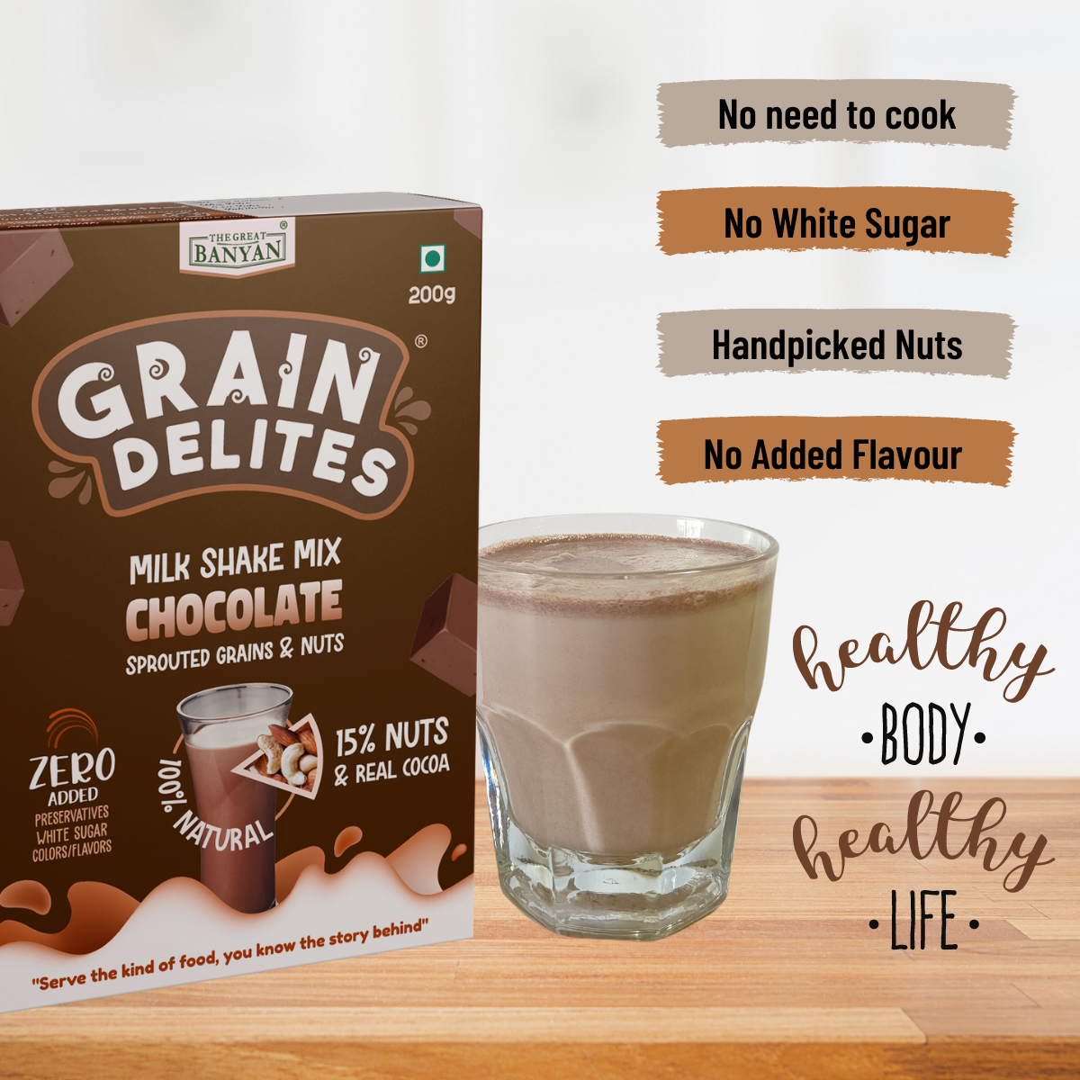 GrainDelites Milkshake Mix - Chocolate - Sprouted Grains, Millets and Nuts 200g